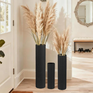 Luxury Floor Vase Set (3 Pieces): Honeycomb Texture Metal Straight Vase for Living Room, Dining Room, Bedroom, Dried Flower and Reed Display