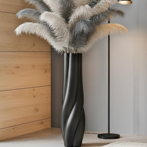 Matte black resin tall floor vase, wide mouth to fit reed branches and feathers, stable decorative vase for living room, bedroom, and office