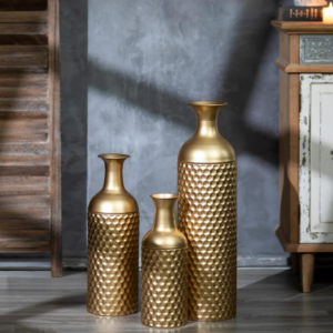 Luxury honeycomb texture gold floor vase three-piece set, large capacity metal straight-cylinder vase, suitable for living room, dining room, entryway, and office areas