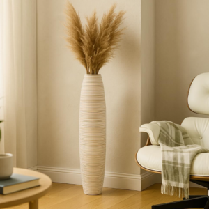 Wooden pastoral style large floor vase, artificial green plant and reed-specific wooden vase Vintage decorative items for living room corners