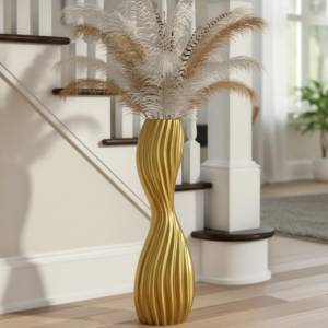 Streamlined striped resin gold floor vase, weighted and stable base, decorative vase for living room/office with reeds, dried branches, and feathers