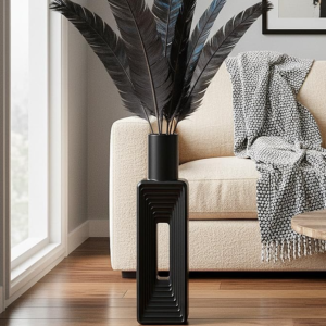 Vertical striped matte black rectangular resin floor vase, modern minimalist large capacity flower tube, dried flower display item for living room/office areas