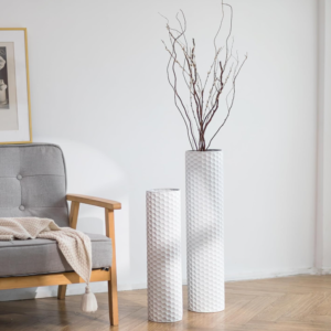 Two-Piece Metal Floor Vase Set (2 Pieces): Handmade 3D Honeycomb Texture Straight Vase for Home Entryway Corner Decoration