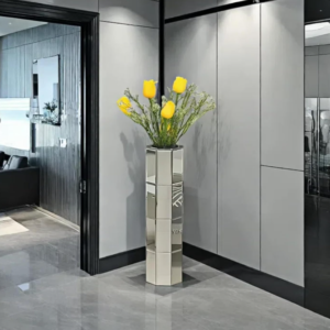 Mirrored octagonal silver floor vase, reflective glass texture, large capacity flower tube, light luxury center decoration for living room/office desktops