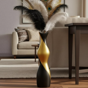 Black and gold color blocking matte resin floor vase, suitable for various dried flowers and reeds, minimalist soft furnishing center decoration for living room, entryway, and bedroom