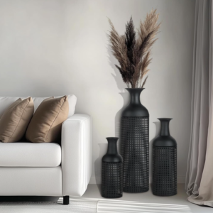 Matte metal floor vase three-piece set, extra large capacity straight cylinder vase, modern and luxurious display for bedroom, kitchen, and fireplace corners
