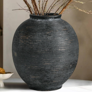 Large round dark tone handmade textured ceramic flower vessel, vintage countryside ornament for living rooms, entryways, kitchens and bedrooms