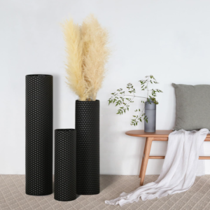 Modern Honeycomb Texture Metal Floor Vase Set (3 Pieces): Matte Black Straight Shape, Large Decorative Vase for Living Room, Bedroom, and Dining Room Corner