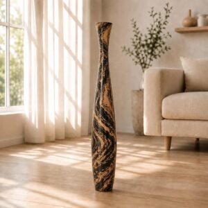 Oversized warm wooden floor bloom stand, natural light brown tone countryside decor, designed for artificial foliage and reed grass displays