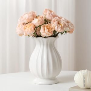 Medium-height solid white ceramic flower jar, distinctive shaped bloom holder for bouquets, countryside interior adornment for cabinets, tabletops and event layouts