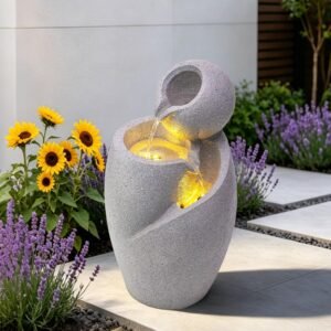 Double layer spherical resin desktop flowing water ornament with soft lighting accents, tranquil styling for indoor rooms, work areas and outdoor yard layouts