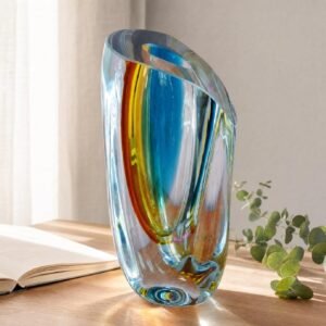 Handblown transparent glass ornament shaped like sailing forms, artistic sculptural decor piece for living room table center arrangements
