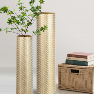 Retro woven texture gold floor vase two-piece set, large capacity metal straight-cylinder vase, suitable for indoor living room, bedroom, and office areas